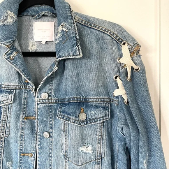 Zara Distressed Lace Up Denim Jacket - Picture 4 of 6